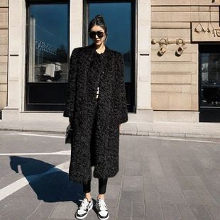 2024冬新款仿皮草外套女黑色卷卷毛保暖西装领款式大衣