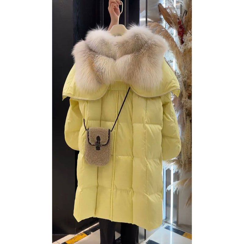 24小个子洋气茶里茶气女生黄色毛毛领子长款羽绒服韩系慵懒风外套