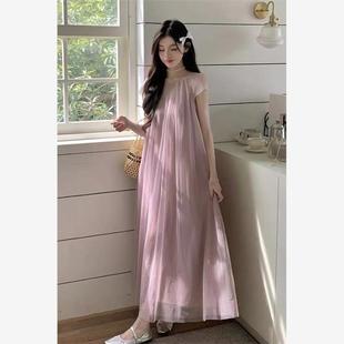 粉色薄纱连衣裙女2025新款初夏穿搭法式温柔风绝美超仙仙女裙长裙