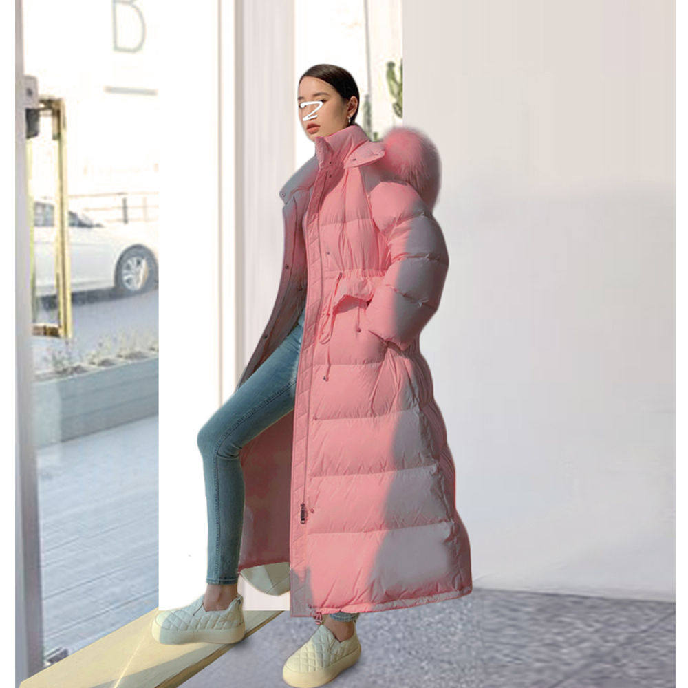 粉色长款公主风羽绒棉服女冬季大毛领新款时尚收腰外套