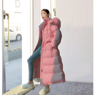 粉色长款公主风羽绒棉服女冬季大毛领新款时尚收腰外套