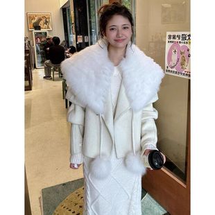 2024冬季 年輕皮草外套 大狐貍毛娃娃領披肩顯瘦羊絨大衣褶皺袖 新款