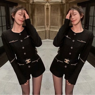 2024黑色编织料连体裤女秋冬新款英伦小香风单排扣修身气质连身裤