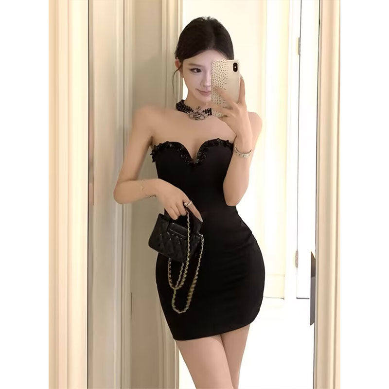性感古早千金黑色抹胸连衣裙女秋冬名媛气质生日party礼服包臀裙