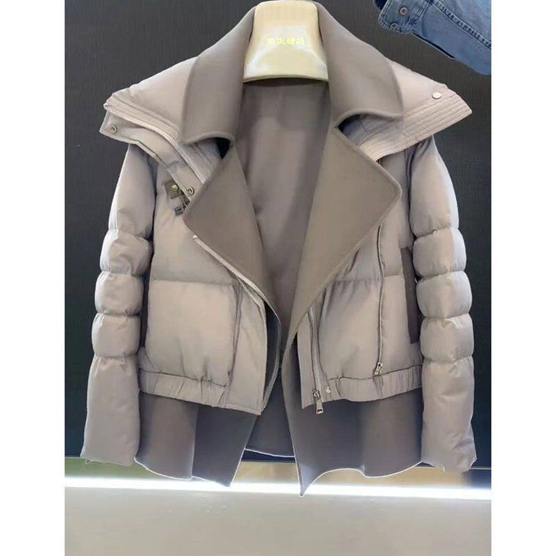 韩系毛呢拼接灰色西装短款羽绒棉服女冬2024新款高级感炸街厚外套