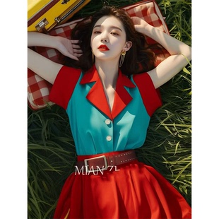 夏装搭配一整套港风红蓝撞色衬衫女装穿搭套装裙轻奢高级感女人味