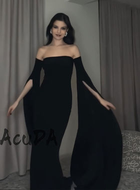 「AcuDA」 魅力磁场 黑色收腰显瘦抹胸拖地长款连衣裙一字肩礼服