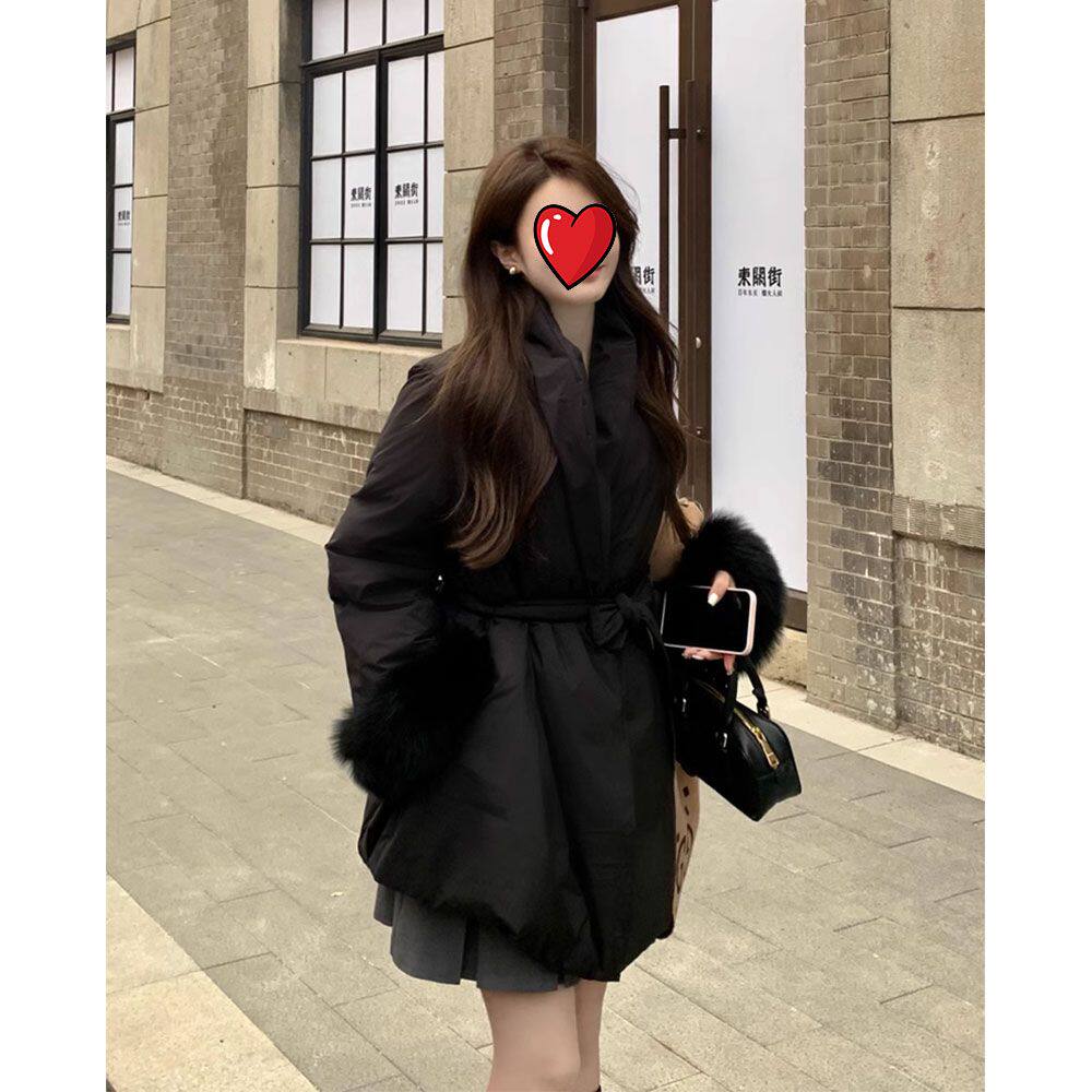 时尚显瘦系带收腰羽绒棉服女2024冬季新款气质名媛毛毛袖外套棉服