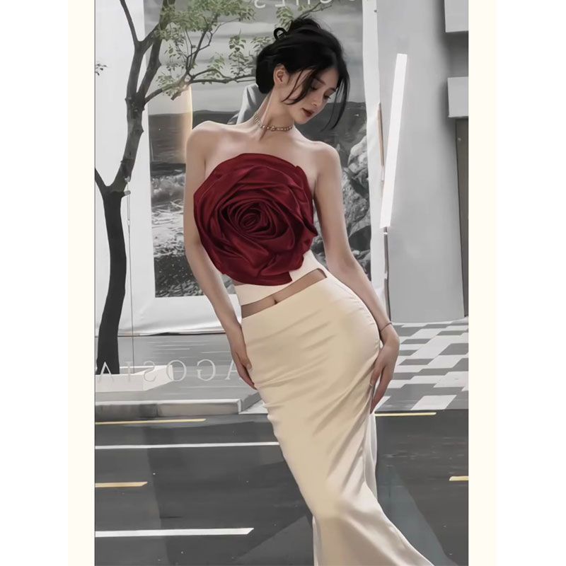 气场强大女装高级感御姐气质女神范小香风红色玫瑰抹胸裙子套装夏