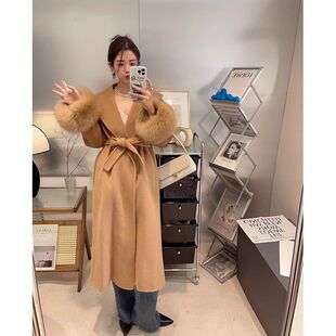 2023冬款高级感时尚气质韩系名媛小香风毛毛袖中长款毛呢外套女