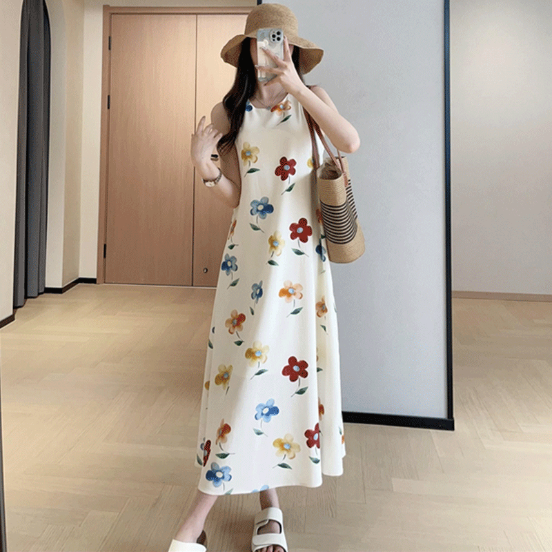 绝美花朵印花中长款背心裙A字叠穿无袖连衣裙夏新款