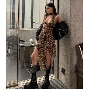 小众设计感不规则豹纹性感吊带连衣裙2024夏新气质