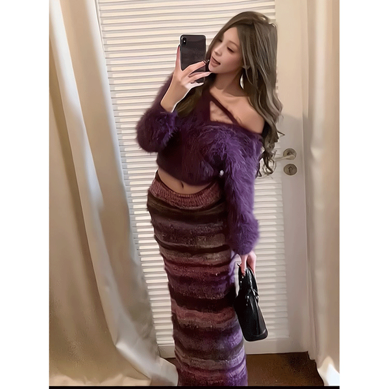 紫色V领毛针织衫女纯欲气质性感辣妹修身显瘦短款上衣半身裙套装