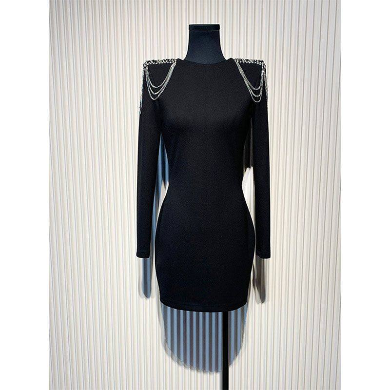 短款黑色气质包臀高端连衣裙重工小香风链条长袖圆领2025新款