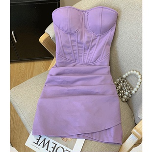 紫色纯欲性感抹胸连衣裙女新款收腰短款包臀裙鱼骨露背生日小礼服