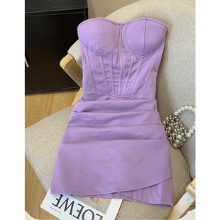 紫色纯欲性感抹胸连衣裙女新款收腰短款包臀裙鱼骨露背生日小礼服