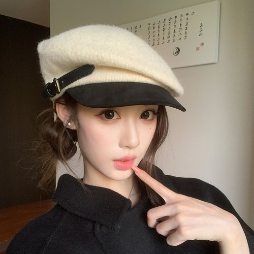 毛呢皮扣贝雷帽子女2026秋冬新款英伦千金风时髦显脸小画家蓓蕾帽