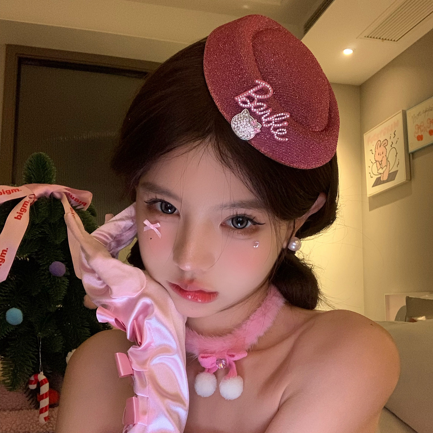 圣诞节甜美闪钻kt猫礼帽发夹女节日氛围感拍照装扮道具头饰发饰品