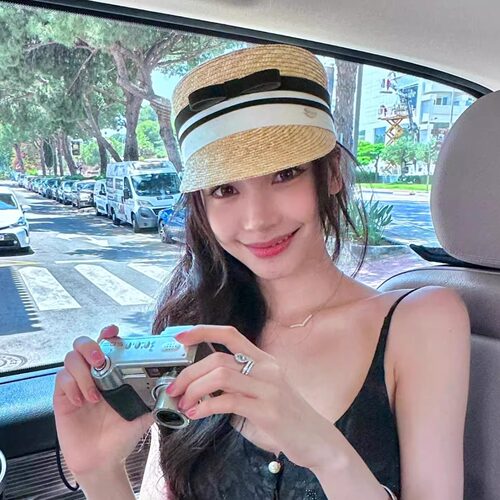 【现货】易梦玲同款草帽天然麦秆草编夏季遮阳防晒蝴蝶结马术帽女