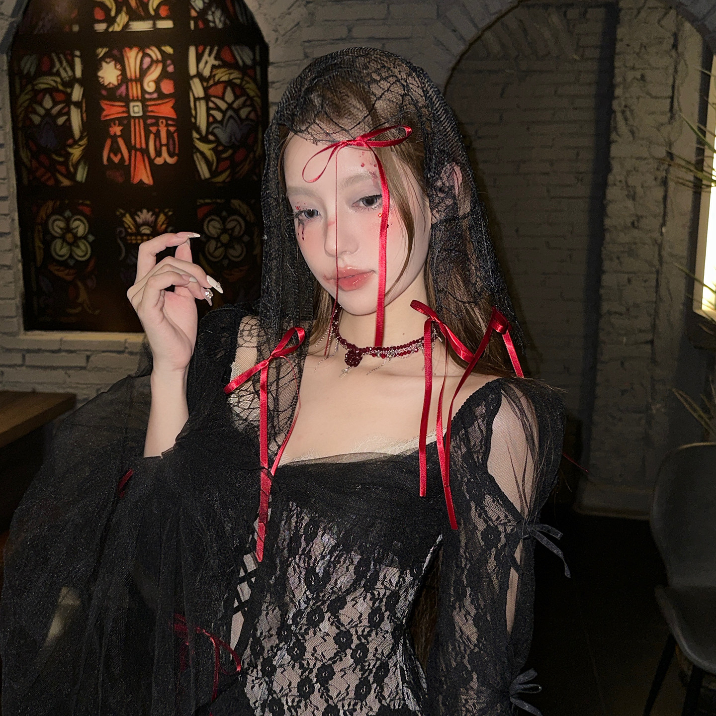 沉睡魔咒~万圣节红色蝴蝶结蕾丝头纱女cos鬼新娘拍照道具网纱头饰