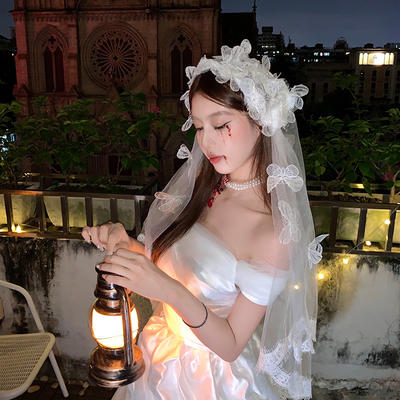 貌美鬼人设  蝴蝶新娘白色头纱服饰万圣节cos拍照道具装饰头饰女