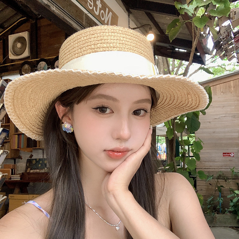 法式拉菲草编织平顶草帽女春夏季度假风大帽檐防晒遮阳帽沙滩礼帽图片