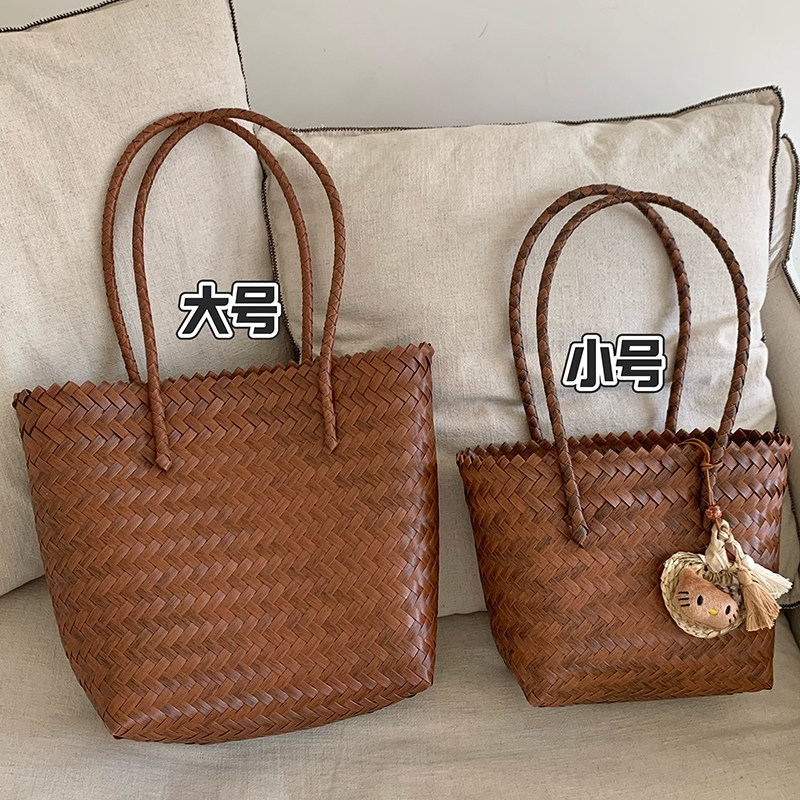 复古手工藤编手提包包女春夏沙滩度假风大容量编织包单肩水桶包图片