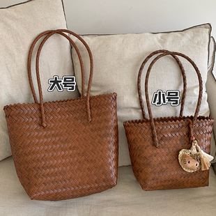 复古手工藤编手提包包女春夏沙滩度假风大容量编织包单肩水桶包