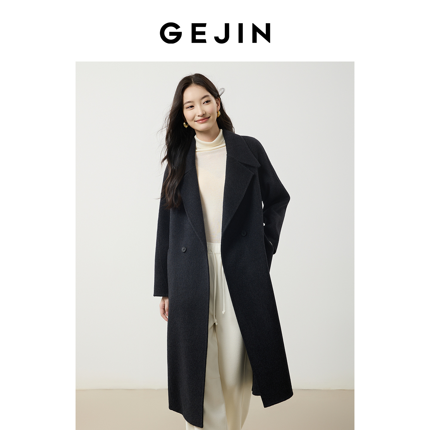 歌锦1OO%绵羊毛戗驳领气质显瘦长款双面呢大衣外套女2025冬季新款