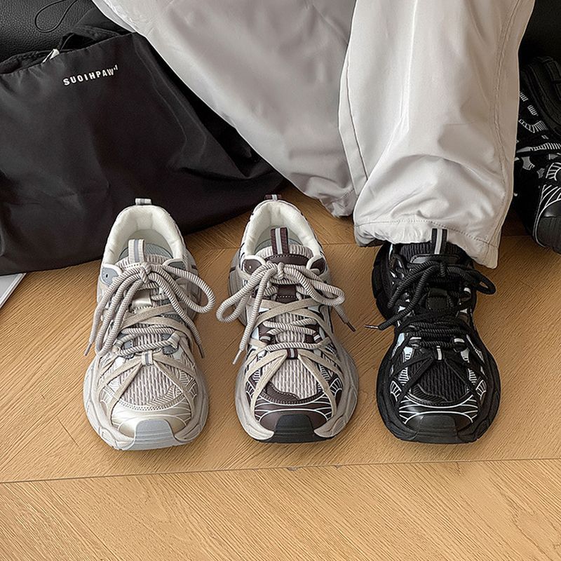 跑步鞋男绑带老爹鞋2025新款休闲运动鞋网布厚底男鞋潮百搭老爹鞋