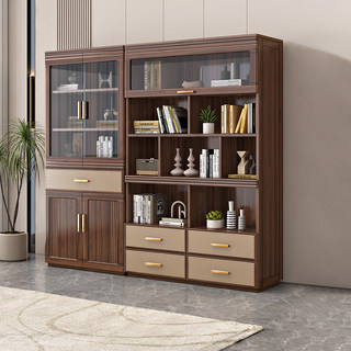 新中式实木书柜一体整墙客厅储物柜带玻璃门书房胡桃木收纳柜组合