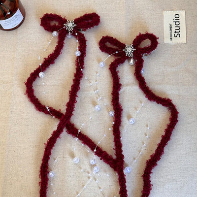 圣诞恋歌红色蝴蝶结珍珠飘带发夹鸭嘴夹圣诞节新年节日冬发饰头饰