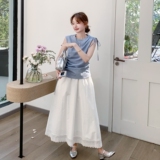 蓝色无袖上衣半身裙套装女2025年夏季新款韩版气质时尚简约两件套，女装套装/套裙，2C168