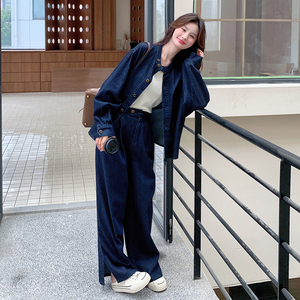 深蓝色甜酷设计感牛仔套装女2025年春季新款休闲上衣阔腿裤两件套图片