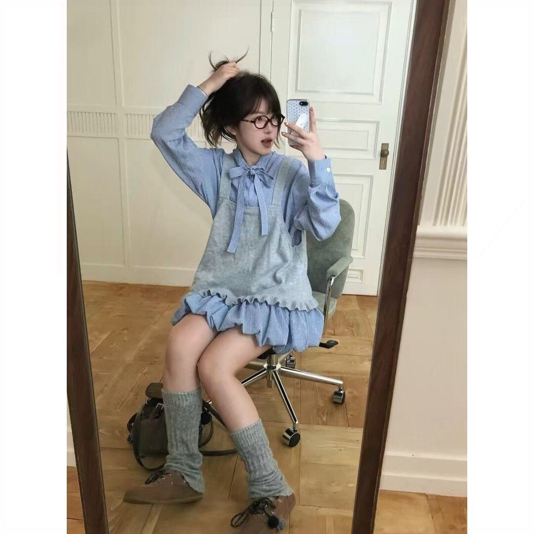 蝴蝶结系带衬衫裙显瘦花苞裙女秋