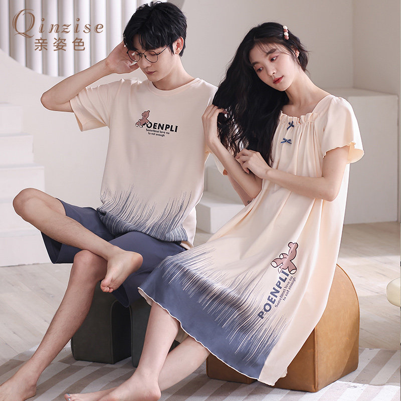 情侣睡衣女夏季纯棉短袖薄款睡裙卡通可爱家居服夏天大码男士套装