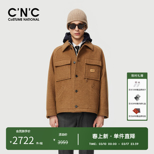 CNC男装奥莱新款logo印花胸袋皮牌斜纹羊毛呢外套秋冬翻领夹克男