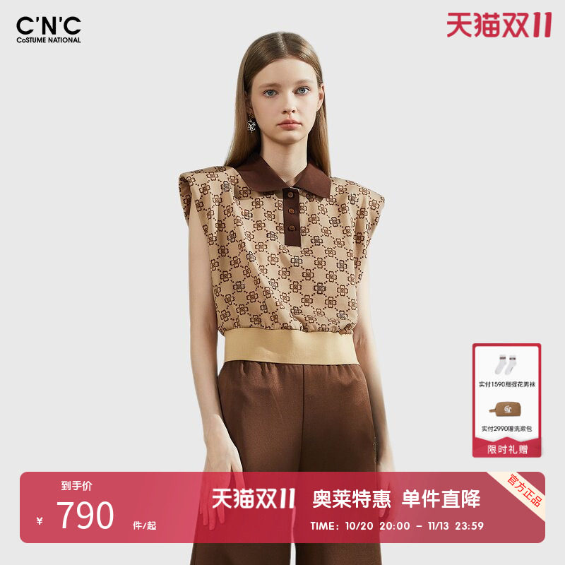【100%棉】CNC女装奥莱POLO领满印T恤女夏季气质高端休闲无袖上衣