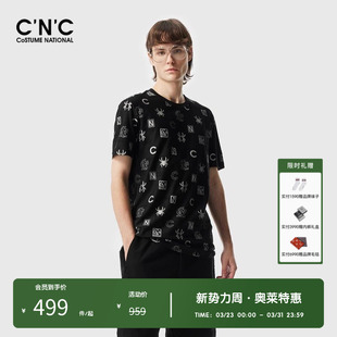 T恤男款 CNC男装 奥莱春夏轻奢烫银满印圆领短袖