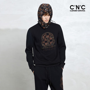 CNC男装 轻奢黑色卫衣男 奥莱outlets针织绣花圆领长袖 卫衣春秋新品