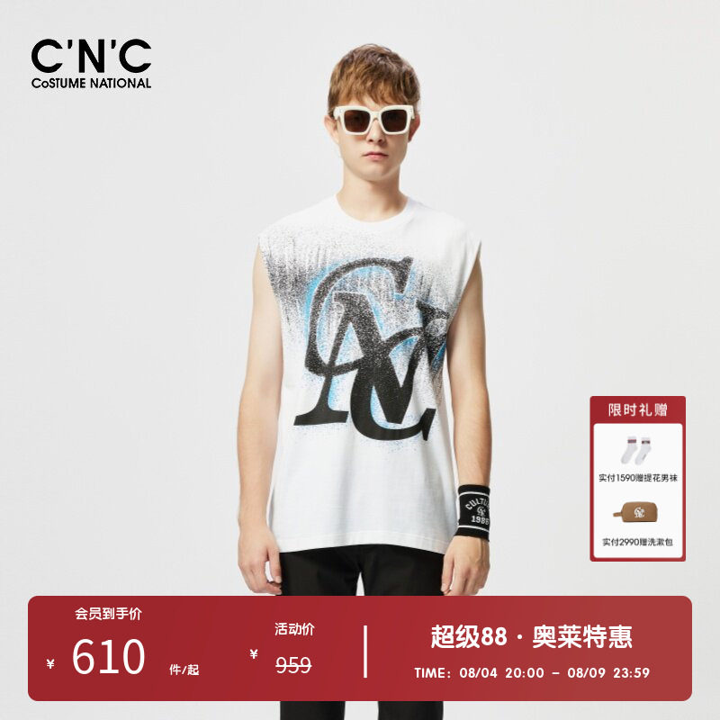 CNC男装奥莱复古喷墨印花纯棉背心男夏季潮流设计感宽松无袖t恤