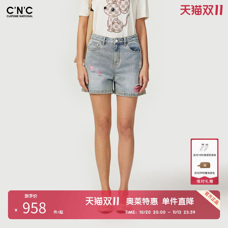 CNC女装奥莱夏季破洞图案刺绣LOGO轻奢休闲牛仔裤短裤