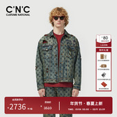 CNC男装 奥莱破洞牛仔夹克男春秋新款 高街风潮流休闲满印logo外套