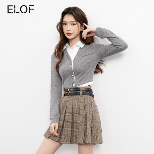 ELOF拼接假两件上衣格纹百褶裙