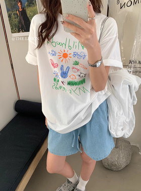 ELOF01087# 官图 21支纯棉210克（100%棉）短袖T恤女复古花朵涂鸦