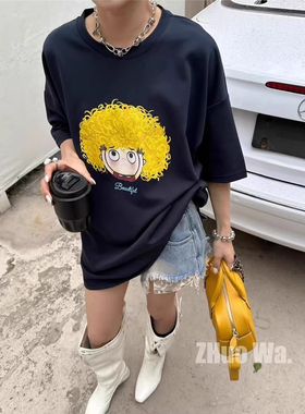 ELOF01054# 官图 21支纯棉210克（100%棉）短袖T恤女宽松大码印花