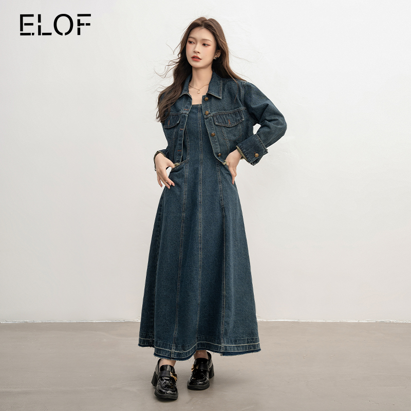 ELOF长袖外套牛仔吊带连衣裙