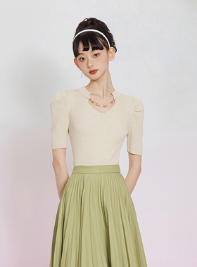 ELOF针织旗袍短上衣女双色牛仔中腰不对称百褶裙