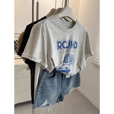 ELOF01346# 官图 21支纯棉210克（100%棉）短袖T恤女宽松大码印花