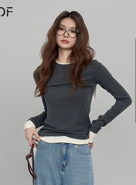 ELOF长袖T恤女2025秋冬新款打底复古撞色慵懒风韩系